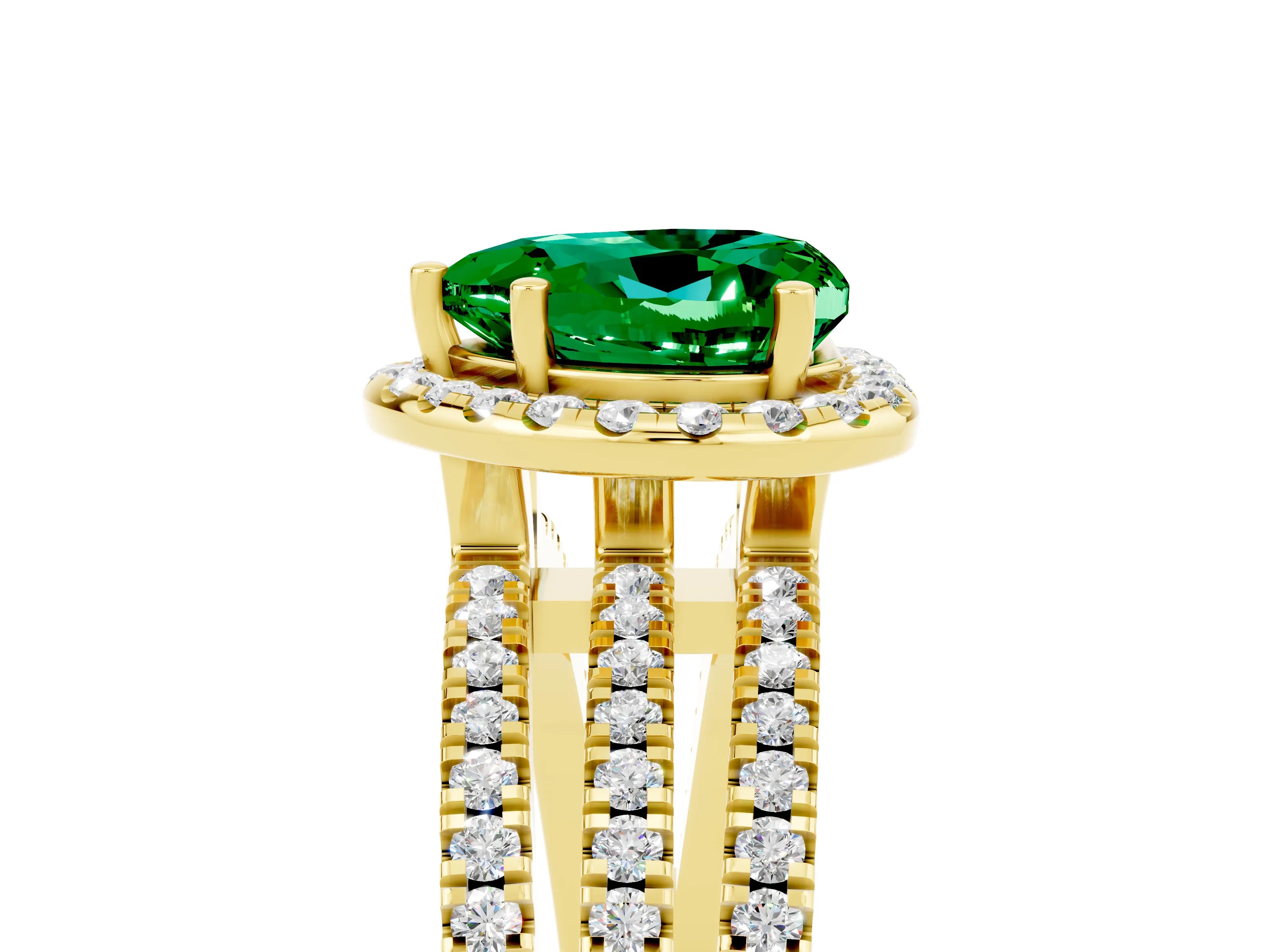 Yellow gold {shape_name} Emerald Halo Engagement Ring with Split Shank and Four-Prong Setting_5