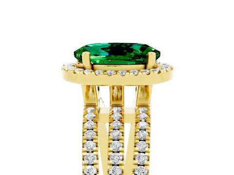 Yellow gold {shape_name} Emerald Halo Engagement Ring with Split Shank and Four-Prong Setting_5
