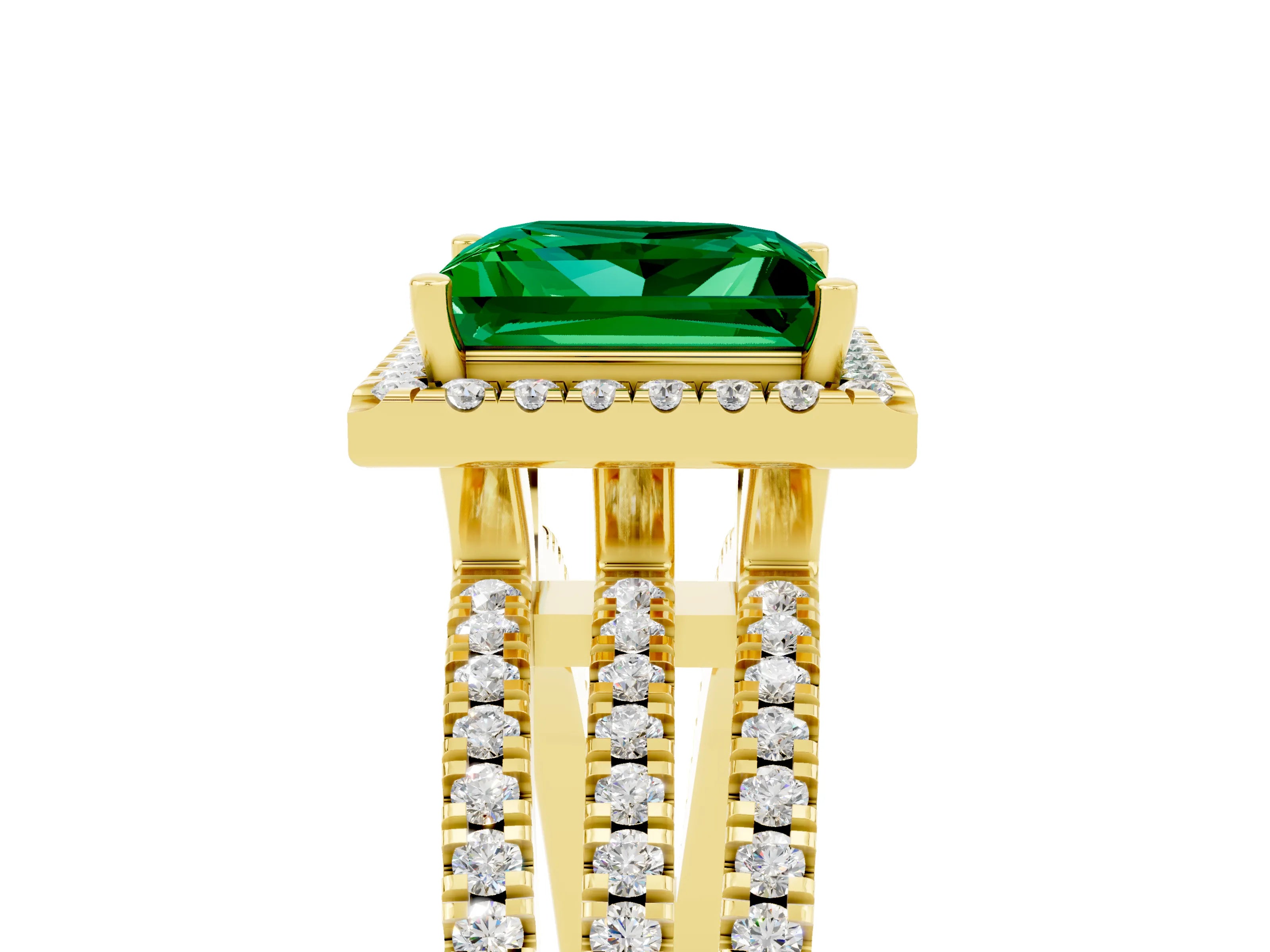 Yellow gold {shape_name} Emerald Halo Engagement Ring with Split Shank and Four-Prong Setting_5
