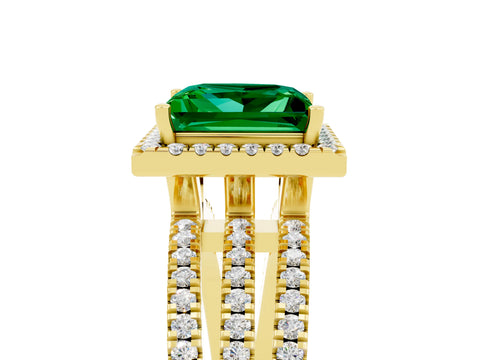 Yellow gold {shape_name} Emerald Halo Engagement Ring with Split Shank and Four-Prong Setting_5