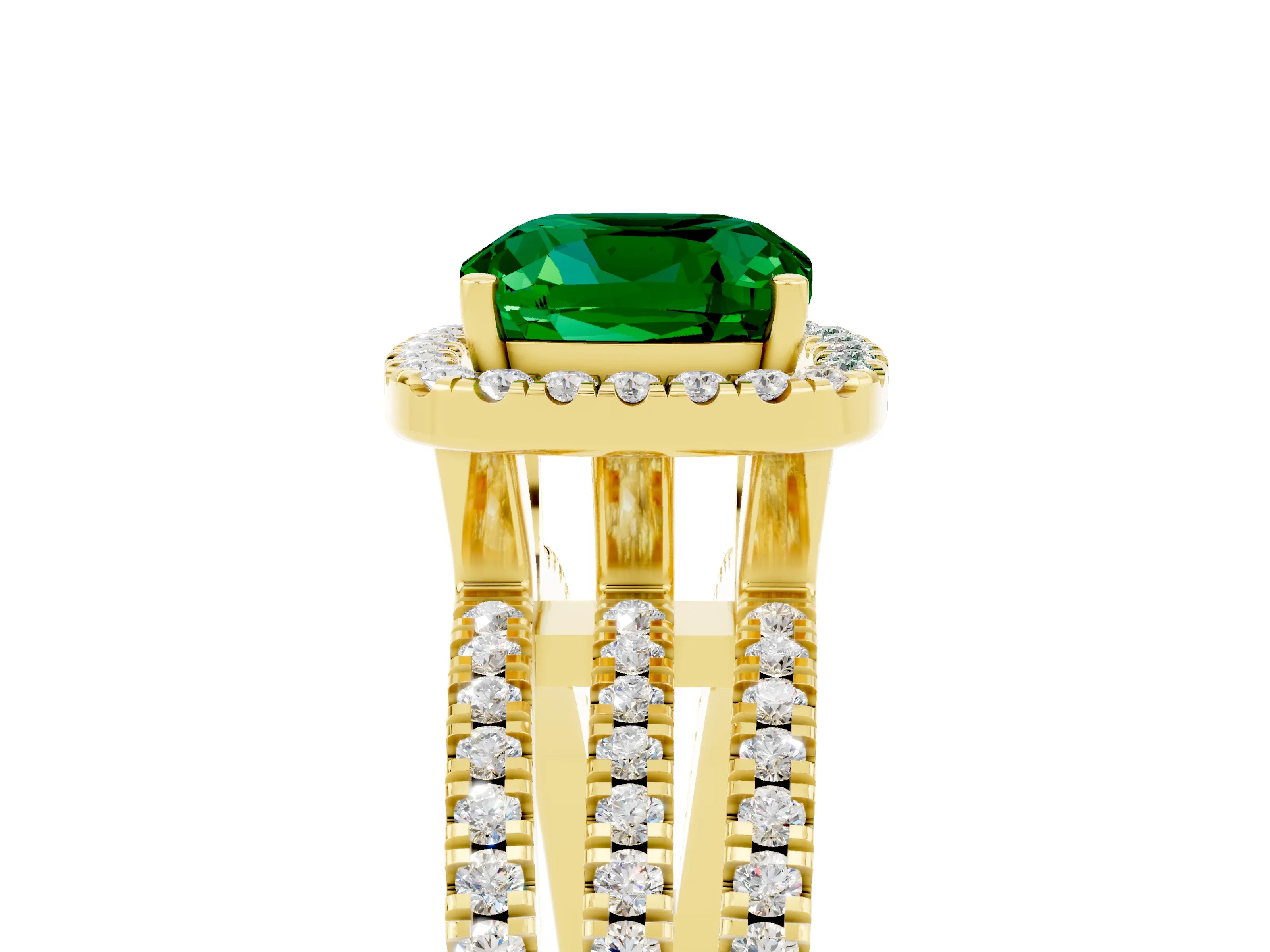 Yellow gold {shape_name} Emerald Halo Engagement Ring with Split Shank and Four-Prong Setting_5