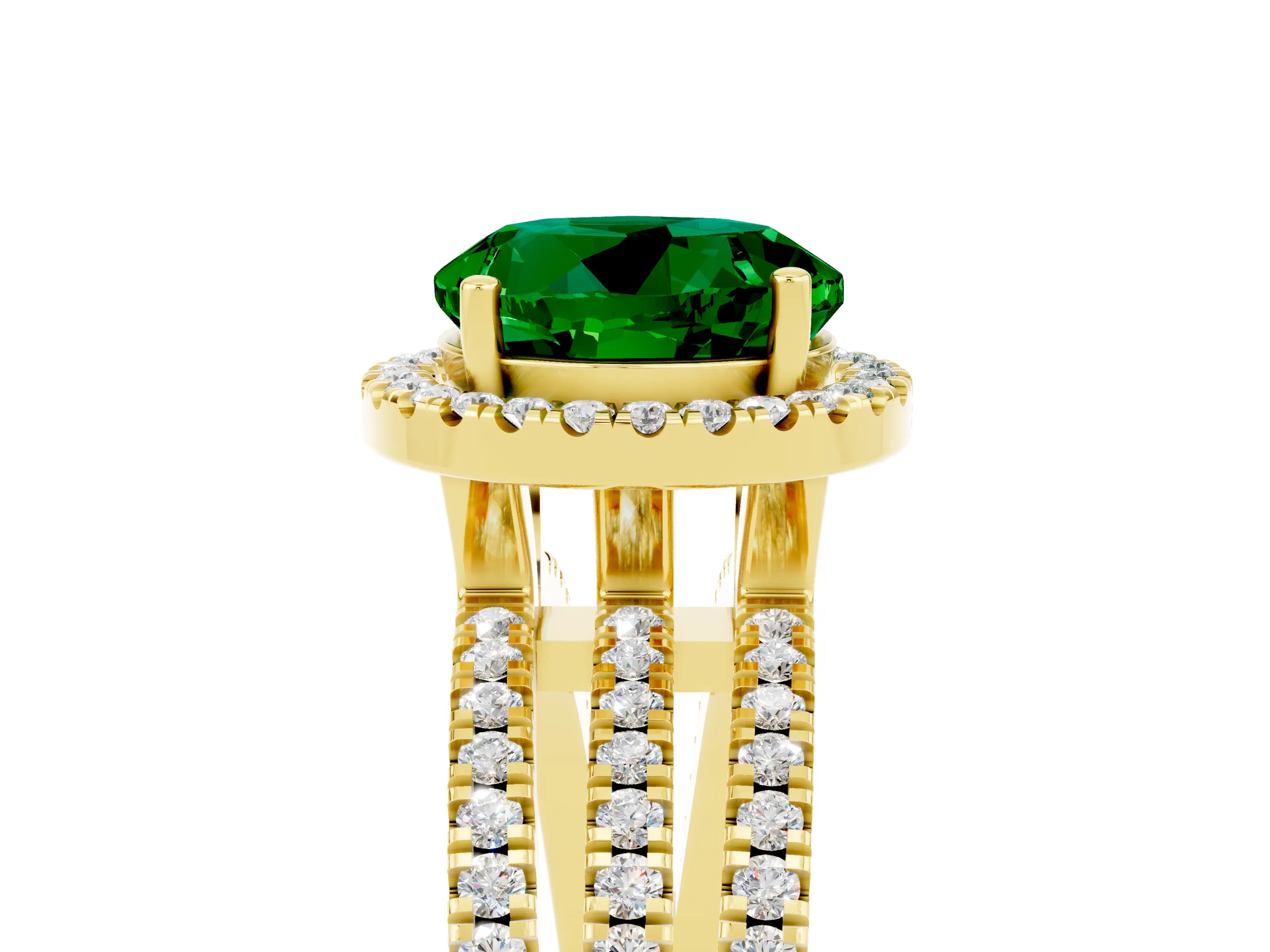 Yellow gold {shape_name} Emerald Halo Engagement Ring with Split Shank and Four-Prong Setting_5