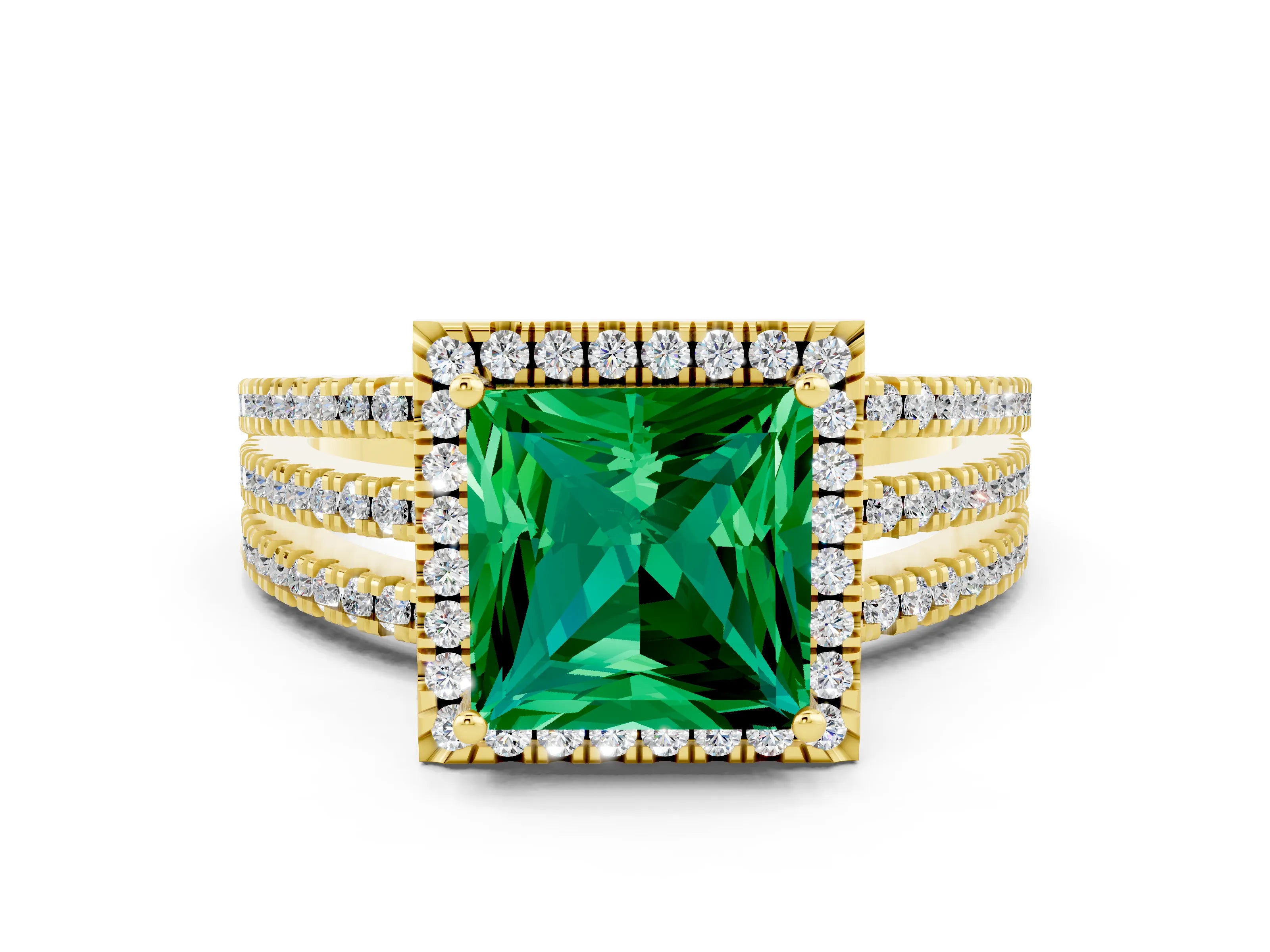 Yellow gold {shape_name} Emerald Halo Engagement Ring with Split Shank and Four-Prong Setting