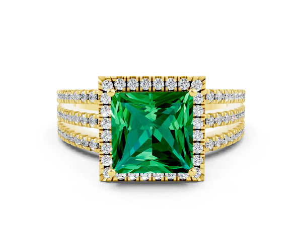 Yellow gold Princess Cut Emerald Halo Engagement Ring with Split Shank and Four-Prong Setting