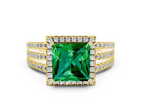 Yellow gold {shape_name} Emerald Halo Engagement Ring with Split Shank and Four-Prong Setting