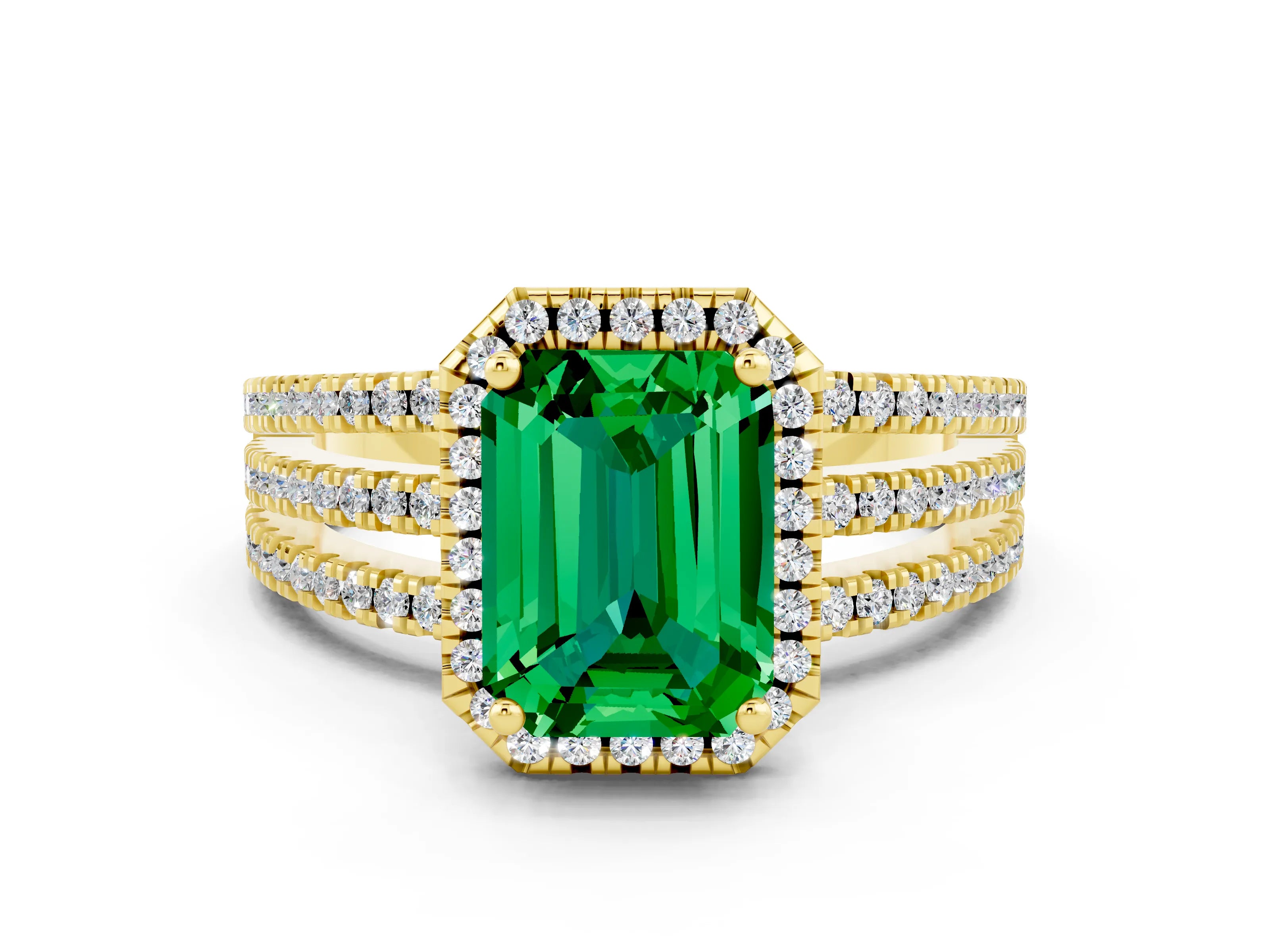 Yellow gold {shape_name} Emerald Halo Engagement Ring with Split Shank and Four-Prong Setting