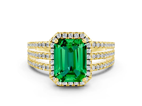 Yellow gold Emerald Cut Emerald Halo Engagement Ring with Split Shank and Four-Prong Setting