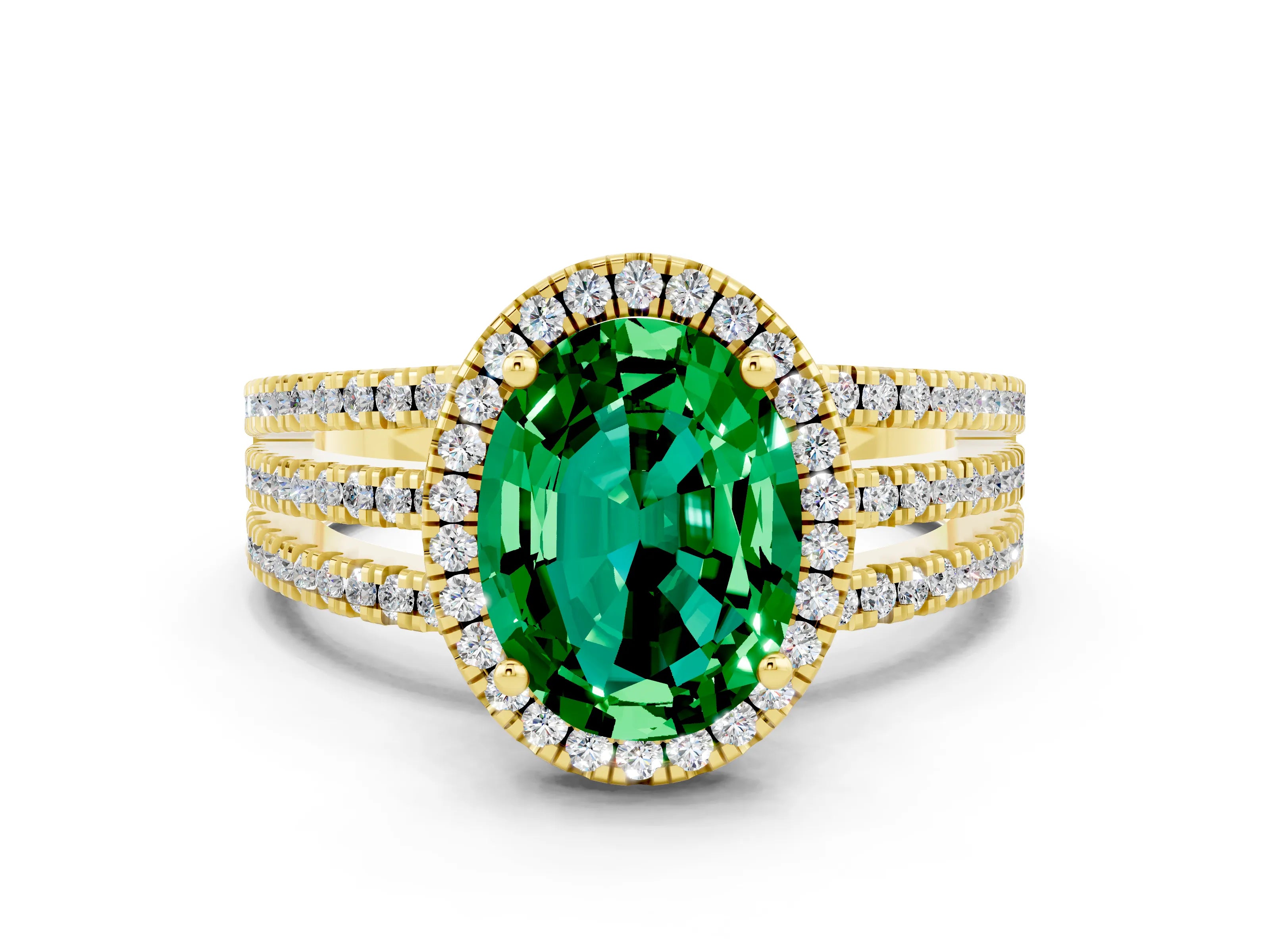 Yellow gold {shape_name} Emerald Halo Engagement Ring with Split Shank and Four-Prong Setting