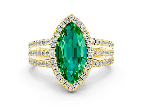 Yellow gold {shape_name} Emerald Halo Engagement Ring with Split Shank and Four-Prong Setting