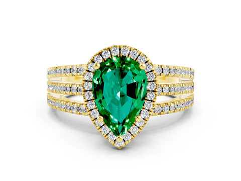 Yellow gold {shape_name} Emerald Halo Engagement Ring with Split Shank and Four-Prong Setting