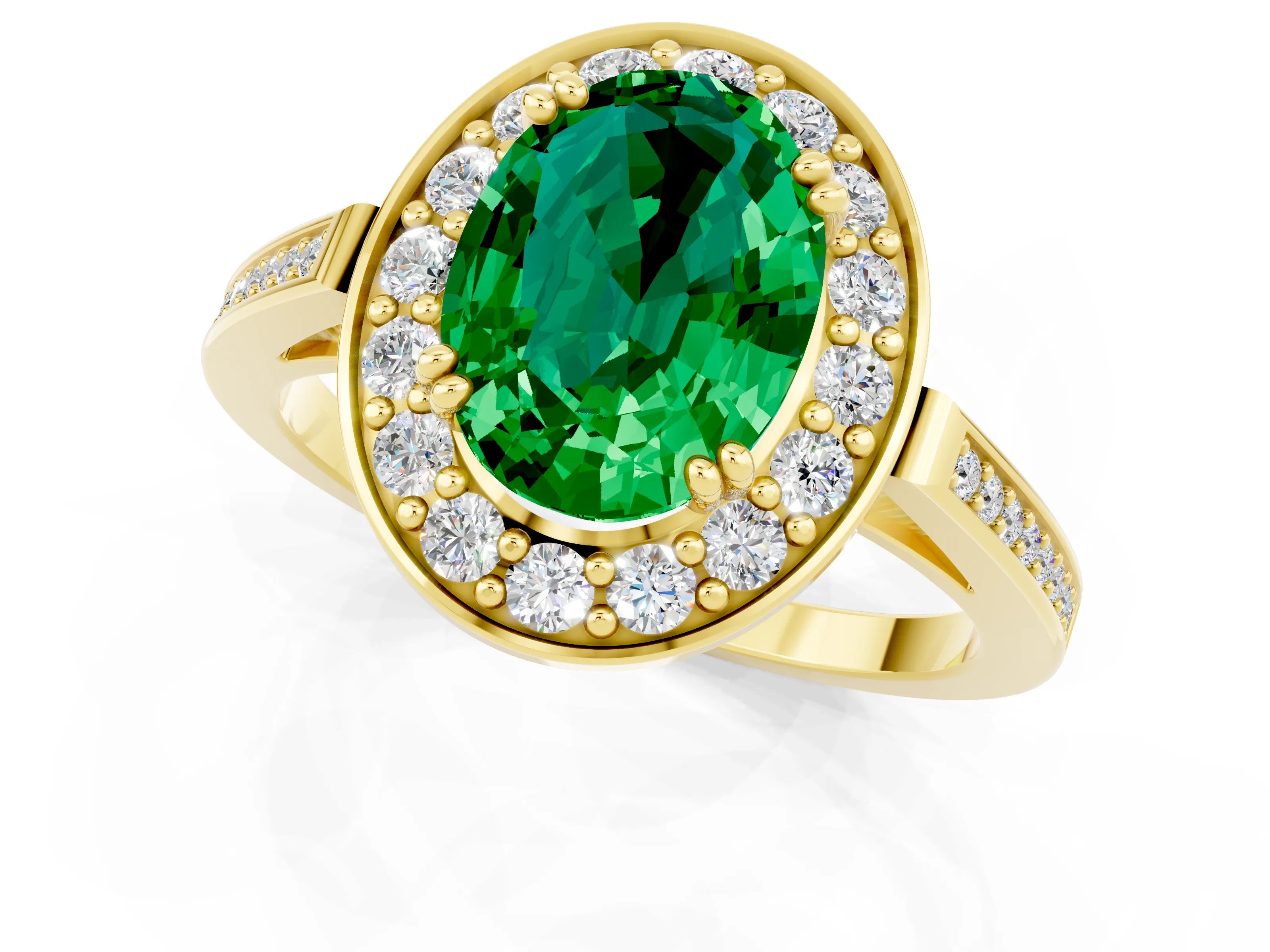 Yellow gold {shape_name} Emerald Halo Ring with Split Shank and Four-Prong Setting_1