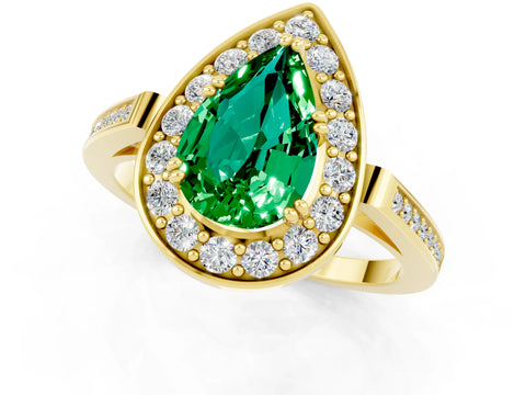 Yellow gold {shape_name} Emerald Halo Ring with Split Shank and Four-Prong Setting_1