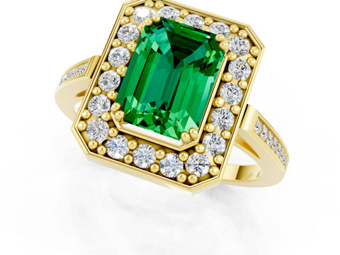 Yellow gold {shape_name} Emerald Halo Ring with Split Shank and Four-Prong Setting_1