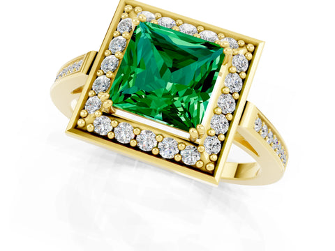 Yellow gold {shape_name} Emerald Halo Ring with Split Shank and Four-Prong Setting_1