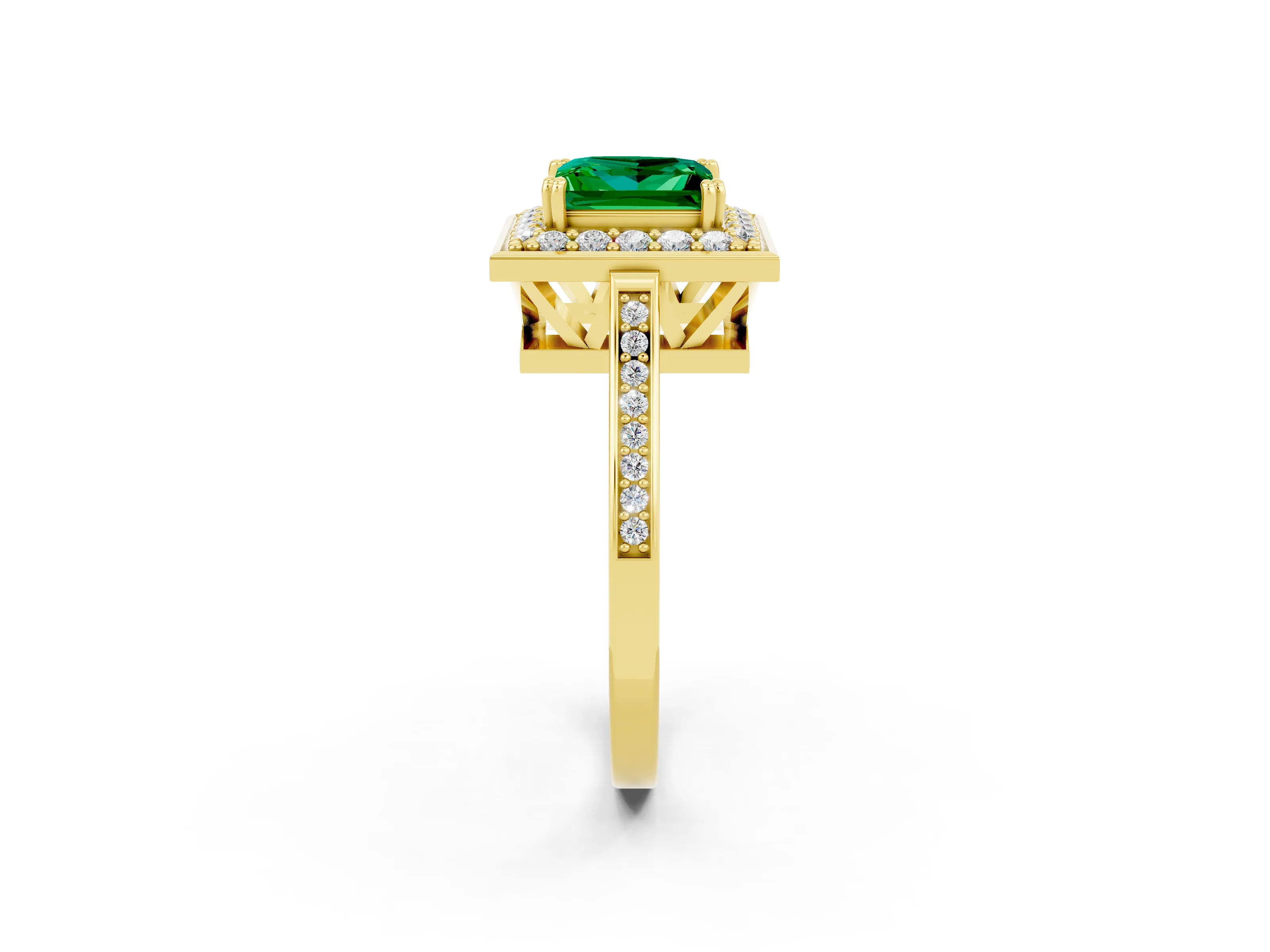 Yellow gold {shape_name} Emerald Halo Ring with Split Shank and Four-Prong Setting_2