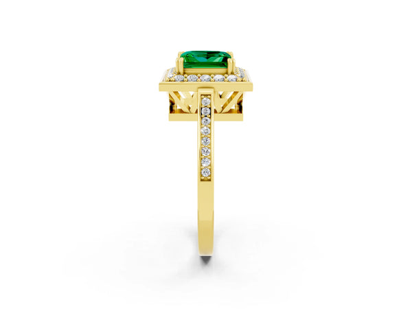 Yellow gold Princess Cut Emerald Halo Ring with Split Shank and Four-Prong Setting