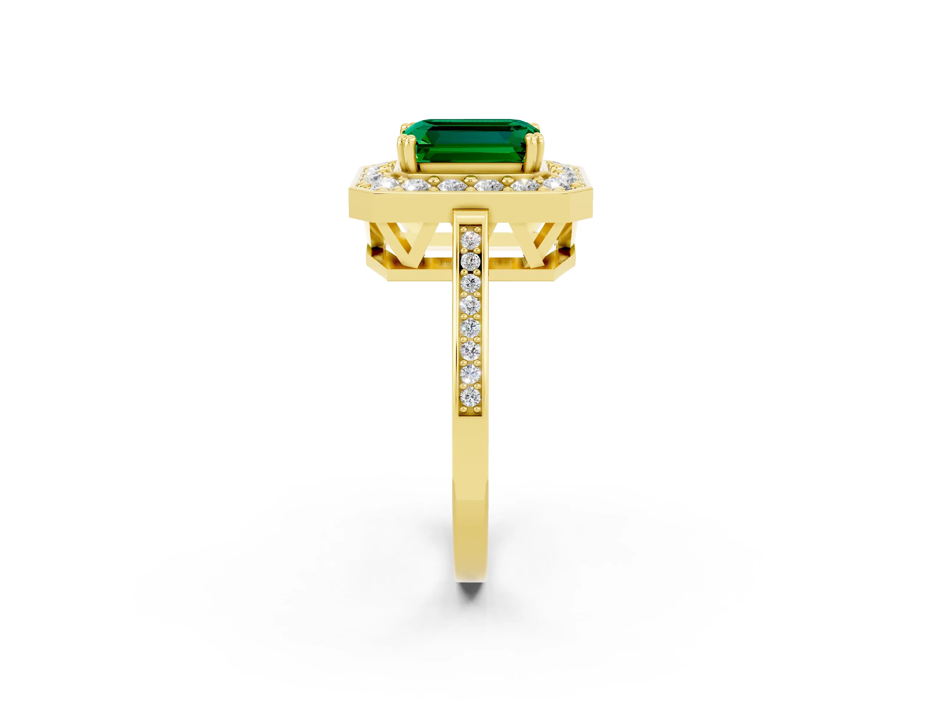 Yellow gold {shape_name} Emerald Halo Ring with Split Shank and Four-Prong Setting_2