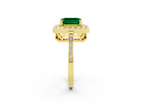 Yellow gold {shape_name} Emerald Halo Ring with Split Shank and Four-Prong Setting_2
