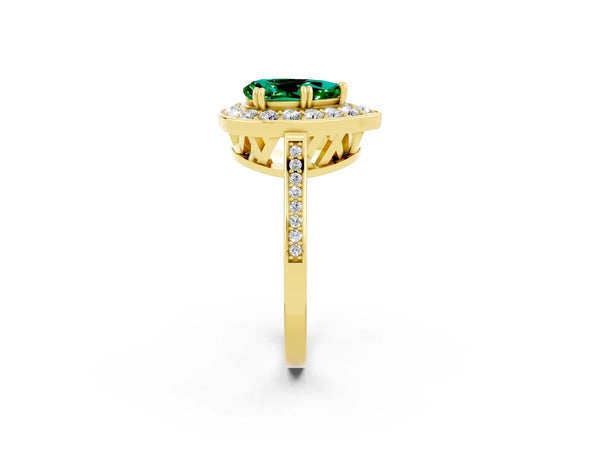 Yellow gold Pear Cut Emerald Halo Ring with Split Shank and Four-Prong Setting