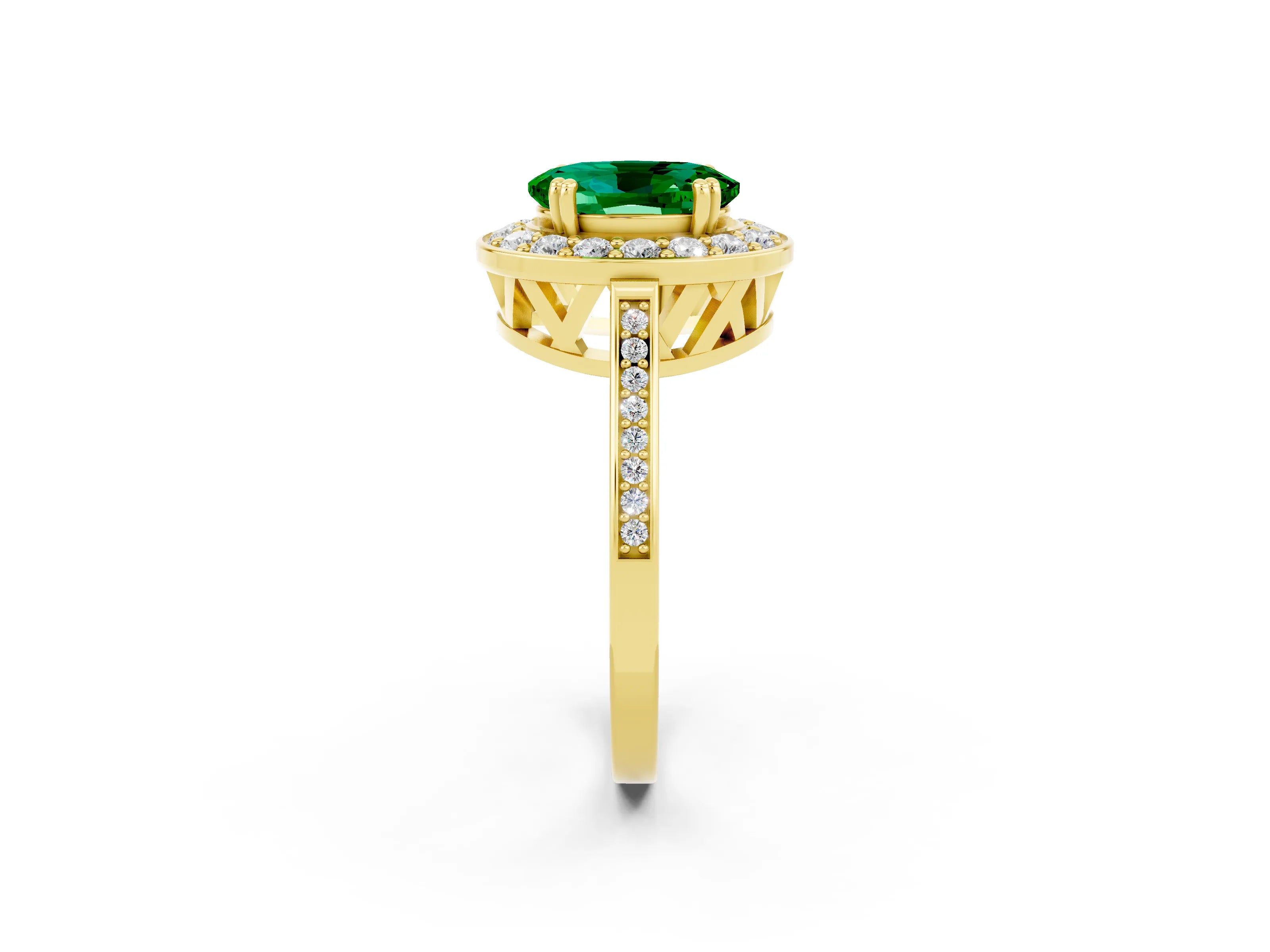Yellow gold {shape_name} Emerald Halo Ring with Split Shank and Four-Prong Setting_2