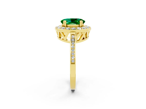 Yellow gold Oval Cut Emerald Halo Ring with Split Shank and Four-Prong Setting