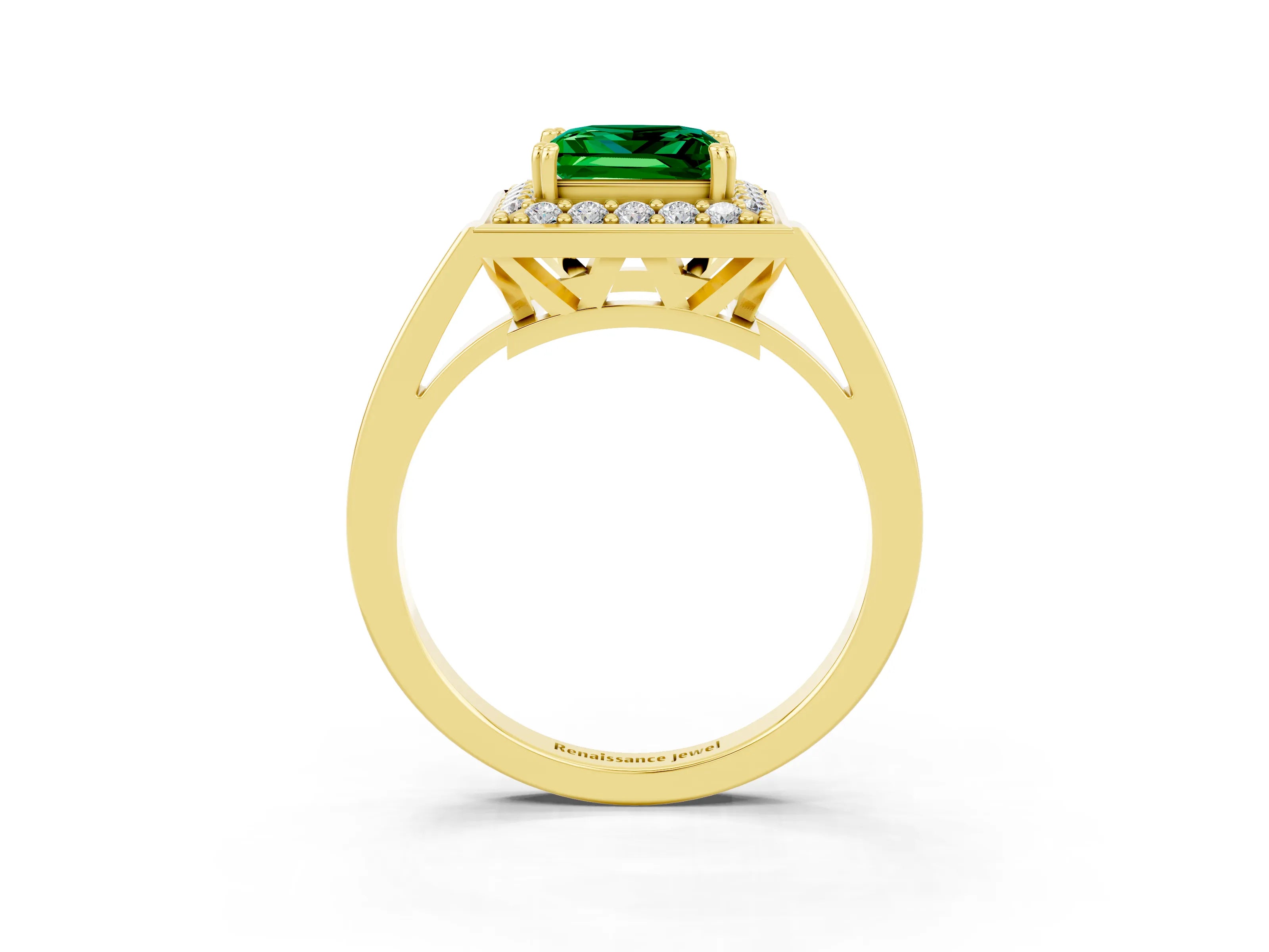 Yellow gold {shape_name} Emerald Halo Ring with Split Shank and Four-Prong Setting_3
