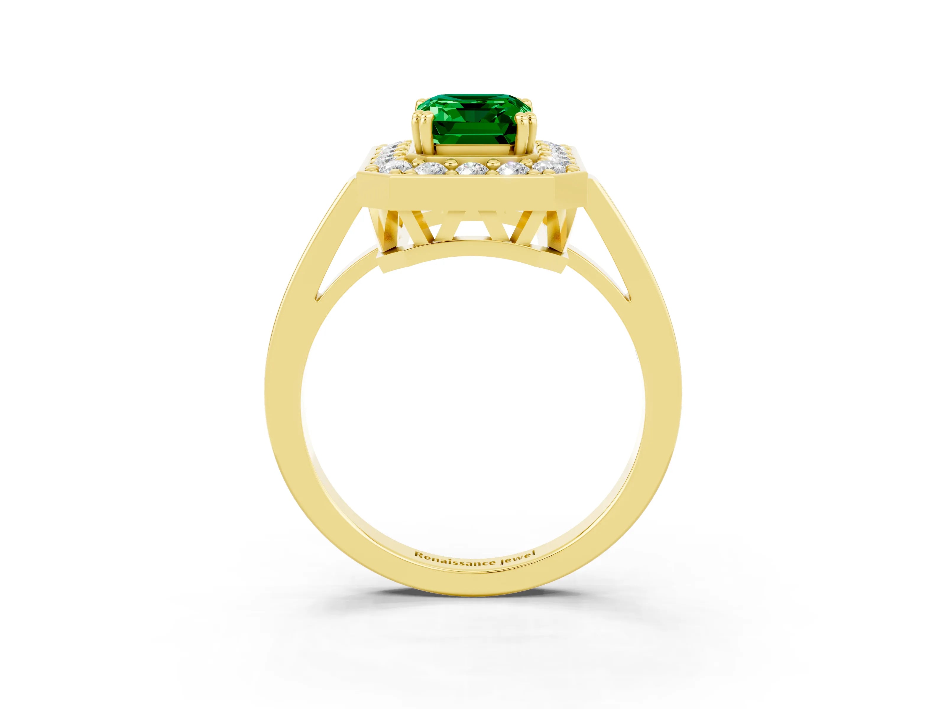 Yellow gold {shape_name} Emerald Halo Ring with Split Shank and Four-Prong Setting_3