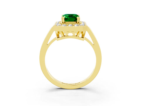 Yellow gold {shape_name} Emerald Halo Ring with Split Shank and Four-Prong Setting_3