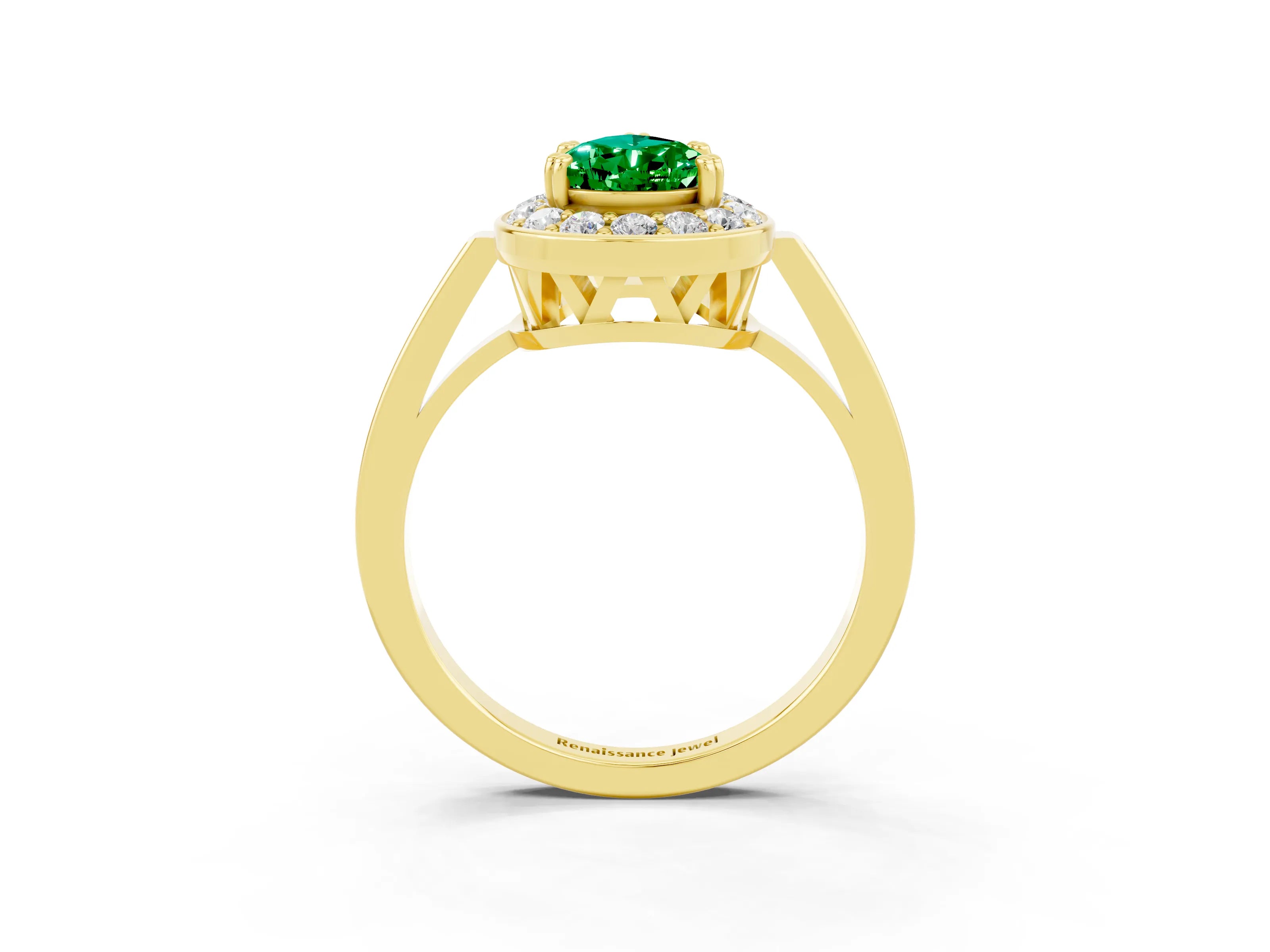 Yellow gold {shape_name} Emerald Halo Ring with Split Shank and Four-Prong Setting_3