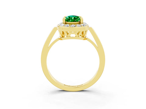 Yellow gold {shape_name} Emerald Halo Ring with Split Shank and Four-Prong Setting_3