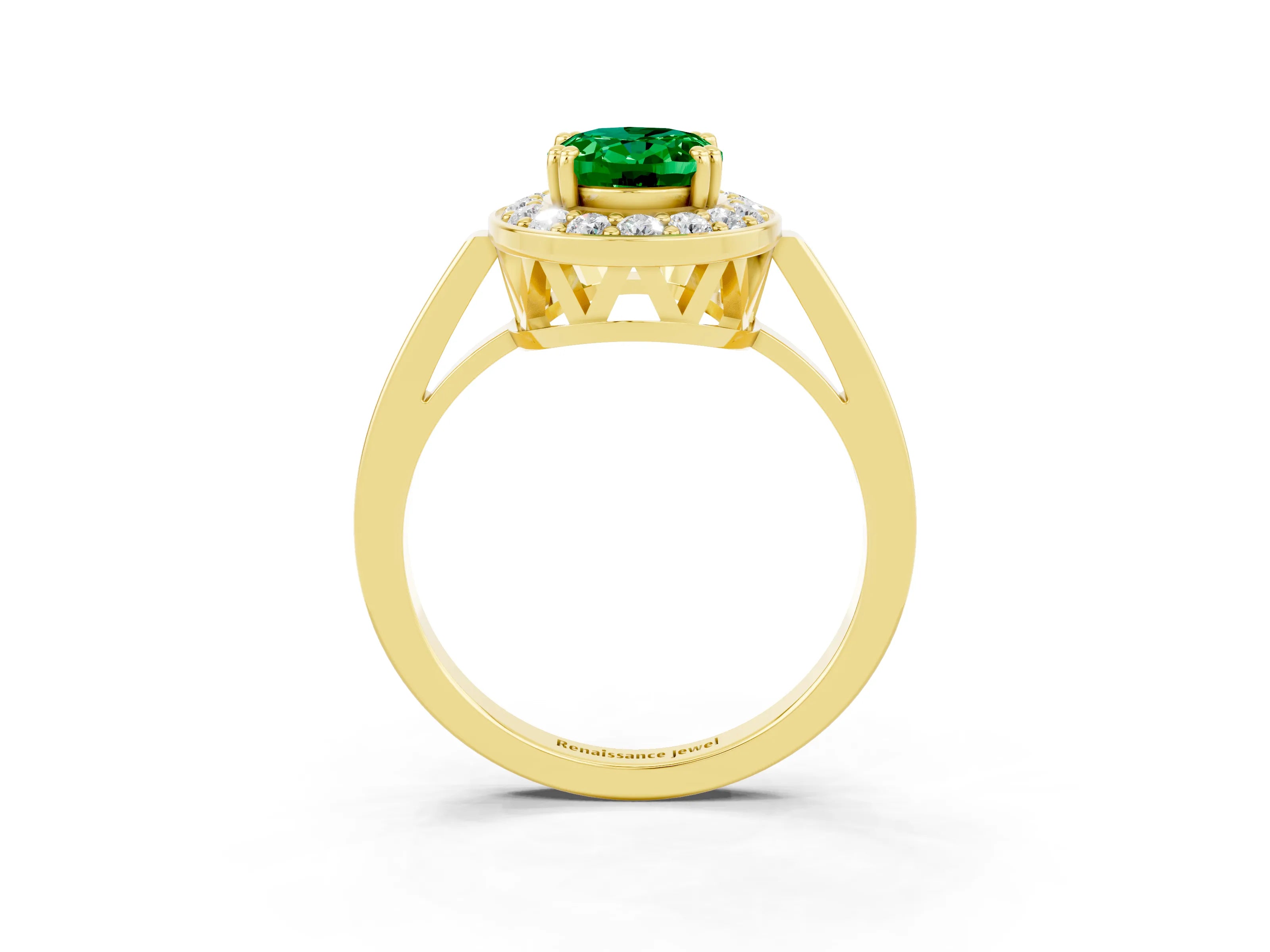 Yellow gold {shape_name} Emerald Halo Ring with Split Shank and Four-Prong Setting_3