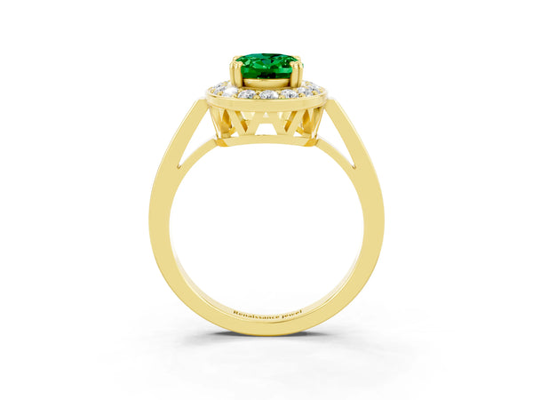 Yellow gold Oval Cut Emerald Halo Ring with Split Shank and Four-Prong Setting
