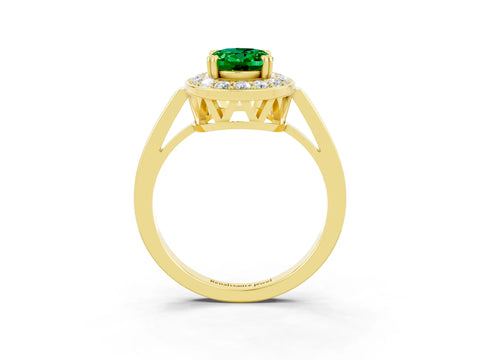Yellow gold {shape_name} Emerald Halo Ring with Split Shank and Four-Prong Setting_3