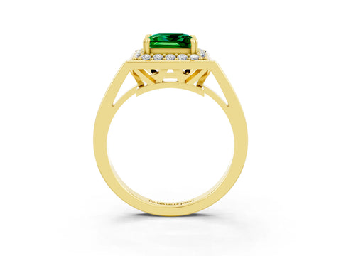 Yellow gold {shape_name} Emerald Halo Ring with Split Shank and Four-Prong Setting_3