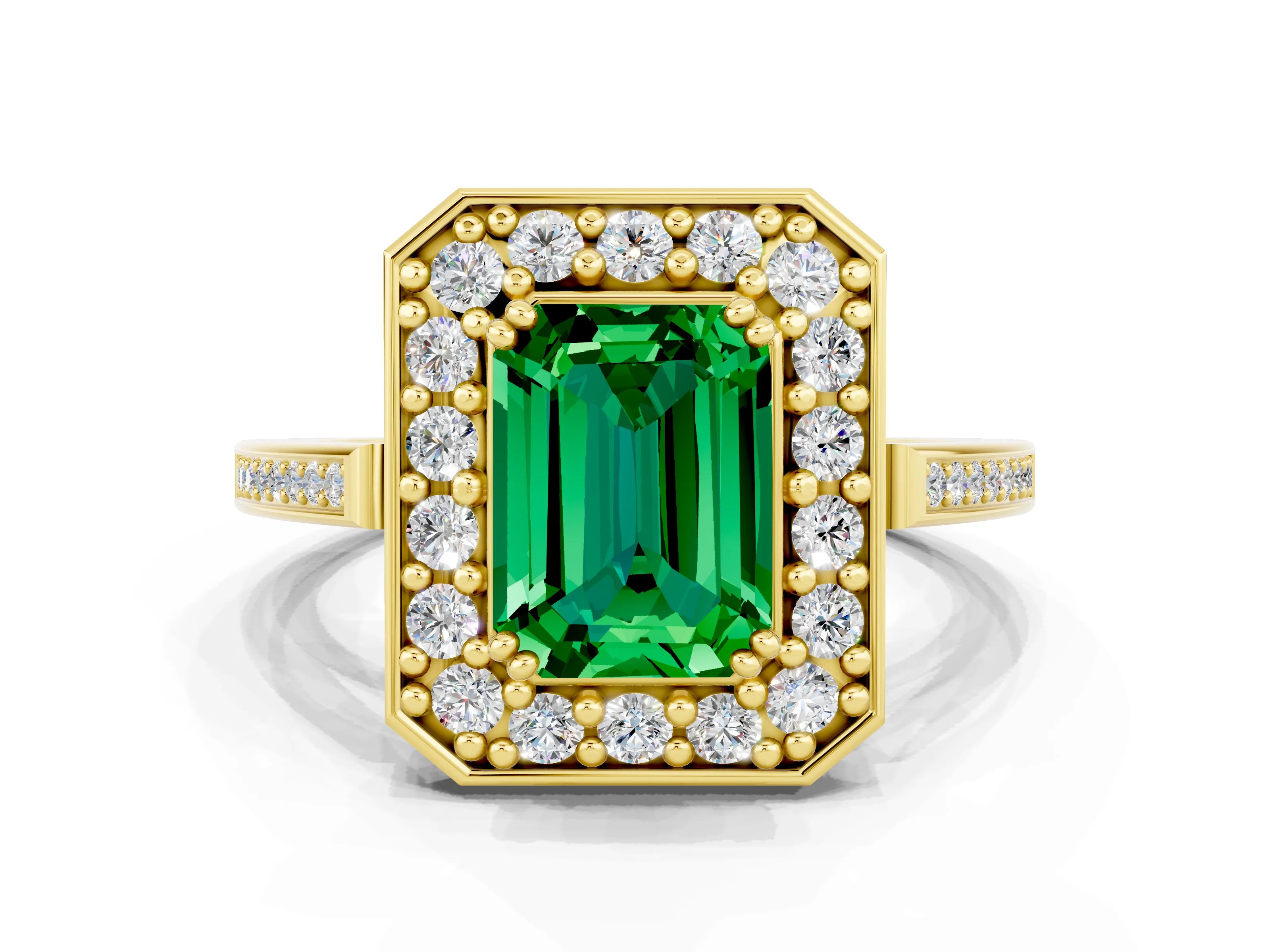 Yellow gold {shape_name} Emerald Halo Ring with Split Shank and Four-Prong Setting