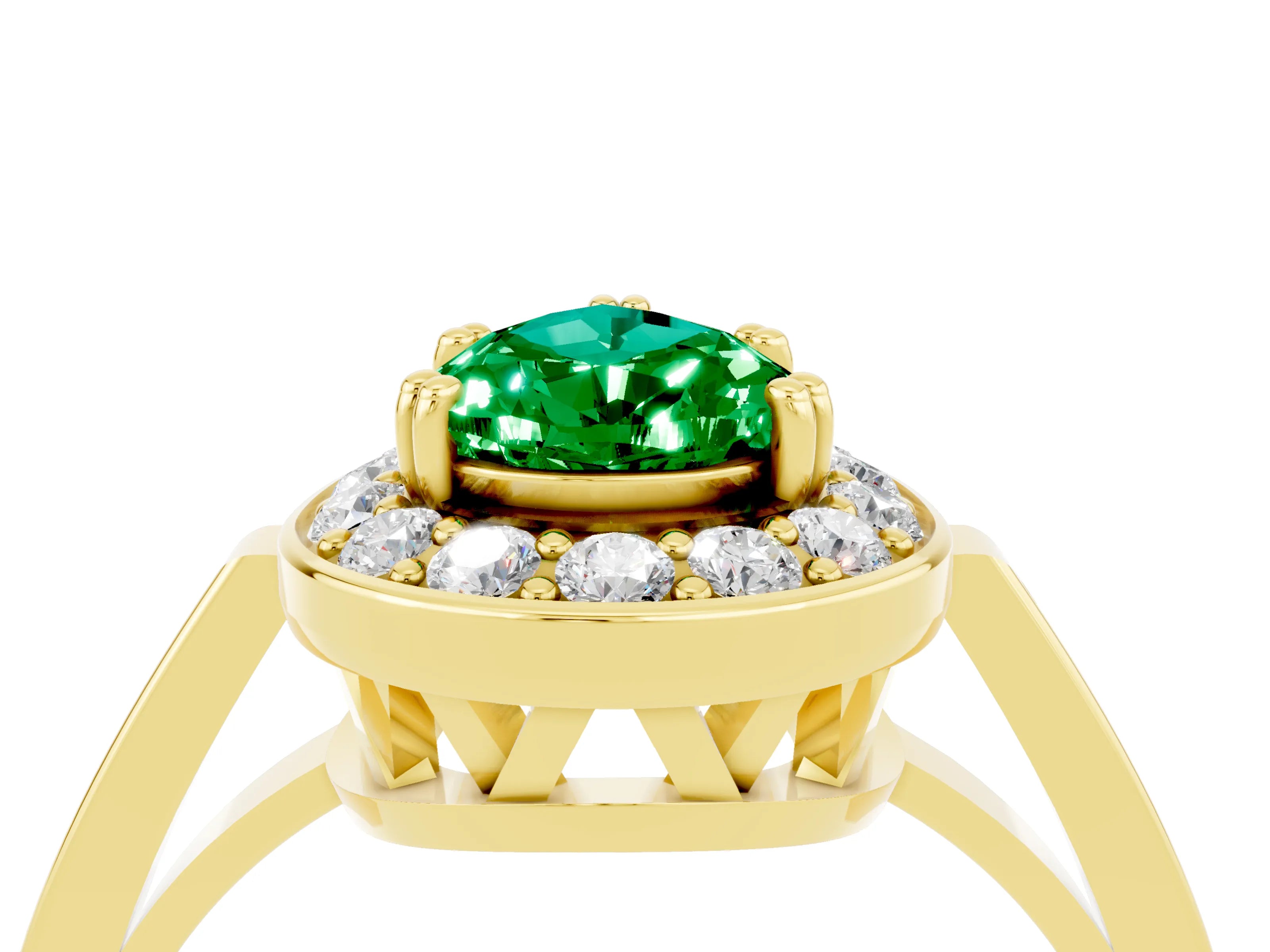 Yellow gold {shape_name} Emerald Halo Ring with Split Shank and Four-Prong Setting_4