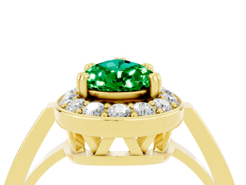 Yellow gold {shape_name} Emerald Halo Ring with Split Shank and Four-Prong Setting_4