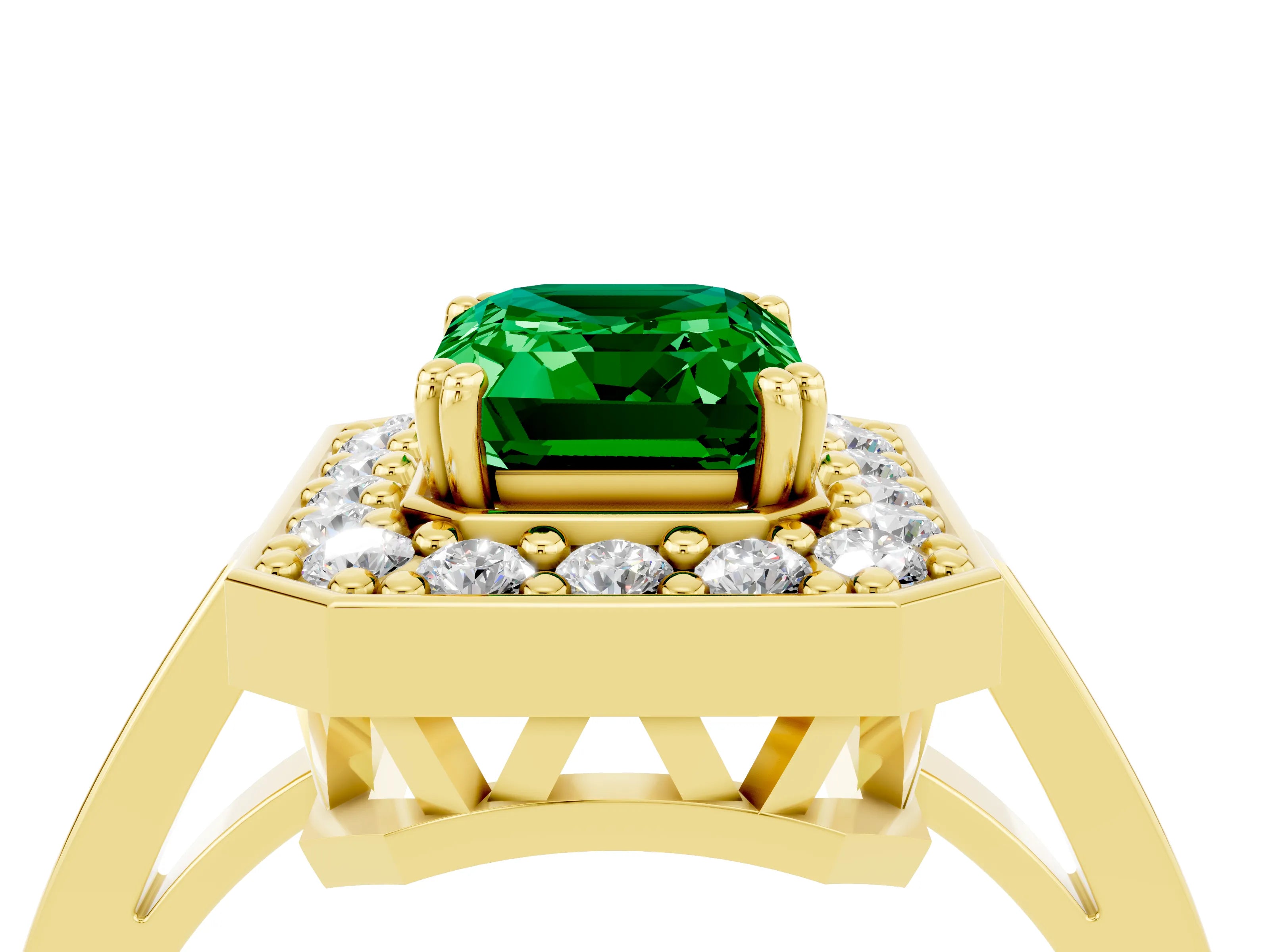 Yellow gold {shape_name} Emerald Halo Ring with Split Shank and Four-Prong Setting_4
