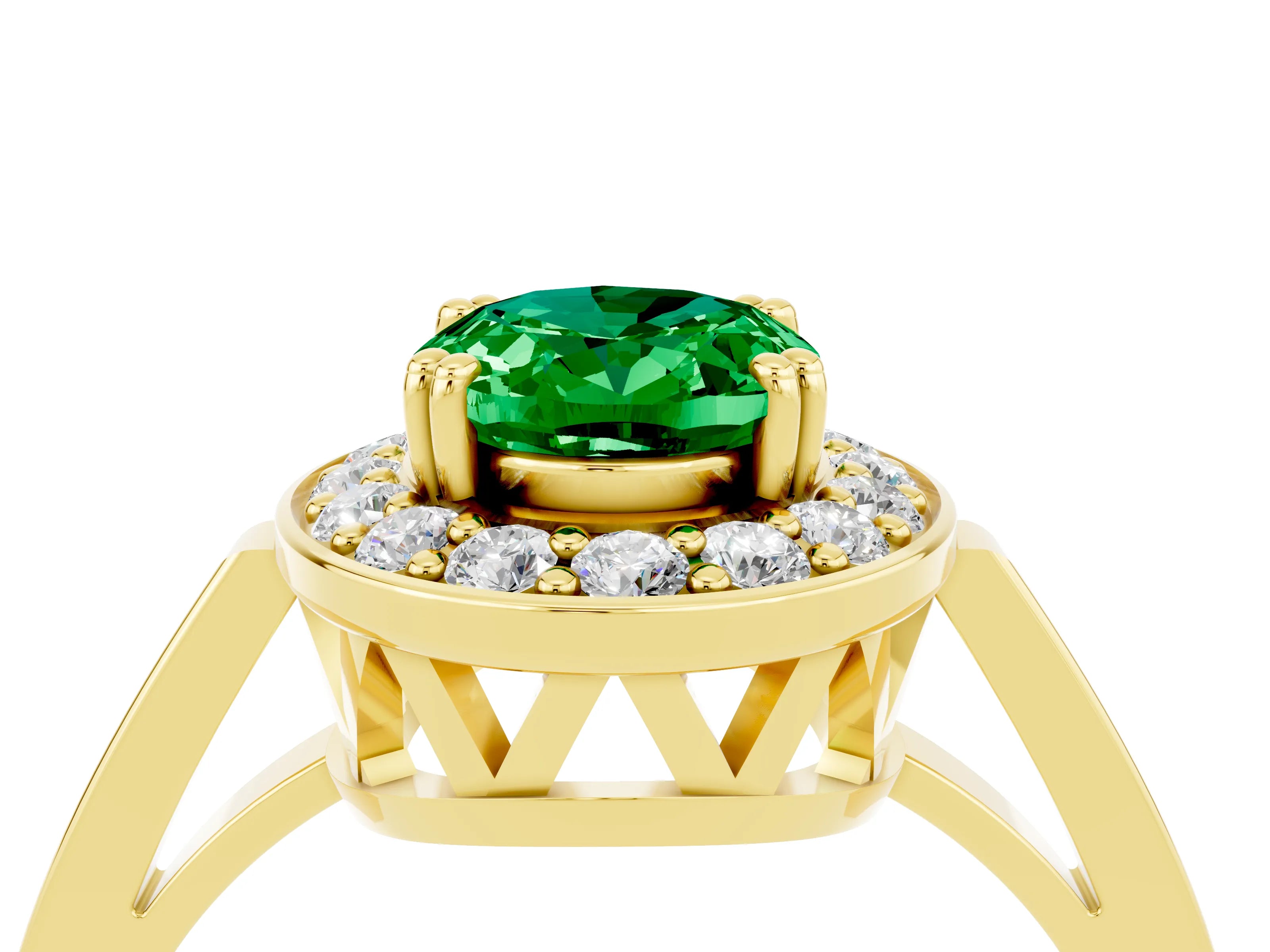 Yellow gold {shape_name} Emerald Halo Ring with Split Shank and Four-Prong Setting_4
