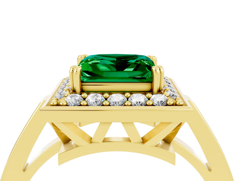 Yellow gold {shape_name} Emerald Halo Ring with Split Shank and Four-Prong Setting_4