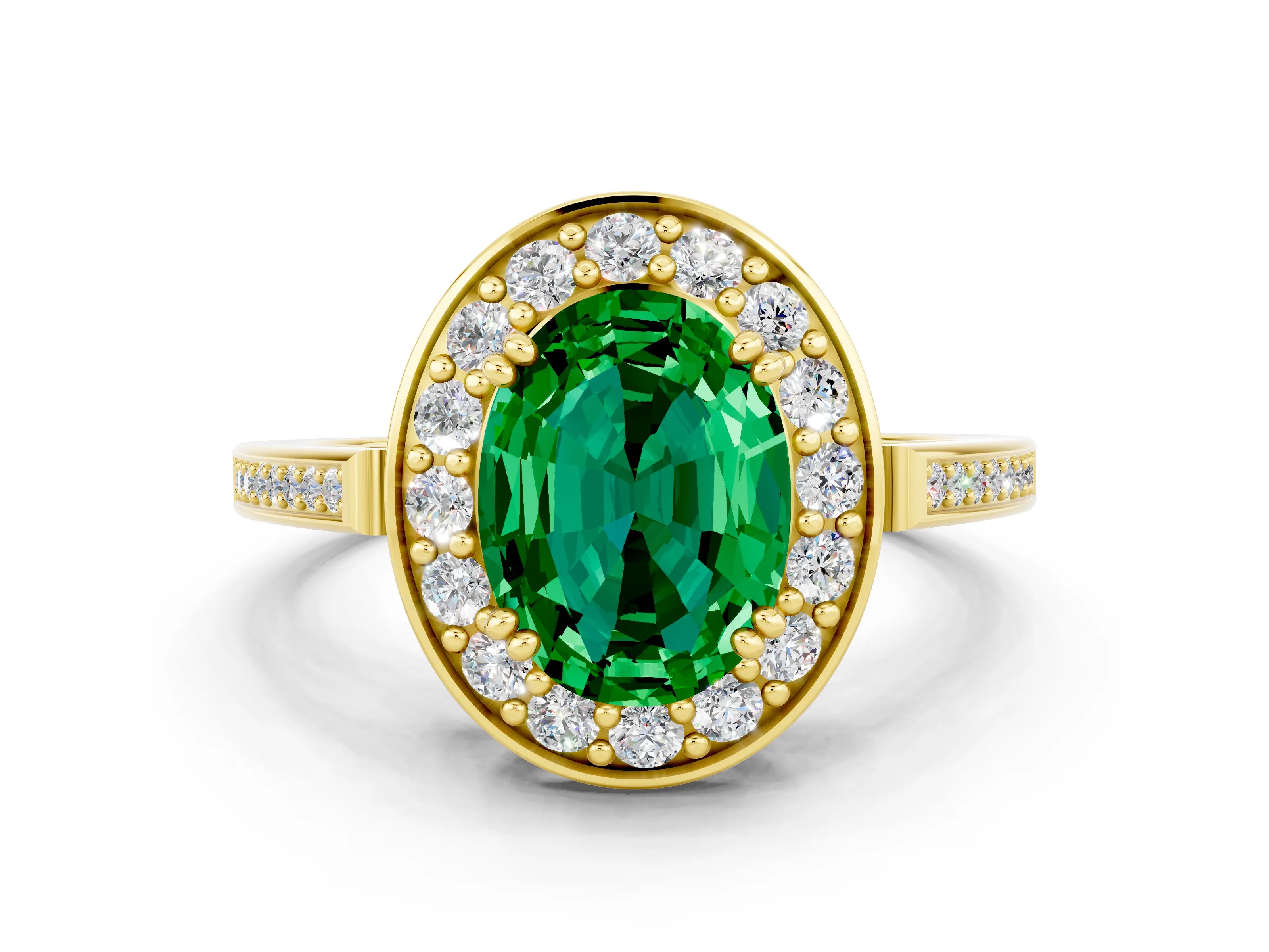 Yellow gold {shape_name} Emerald Halo Ring with Split Shank and Four-Prong Setting