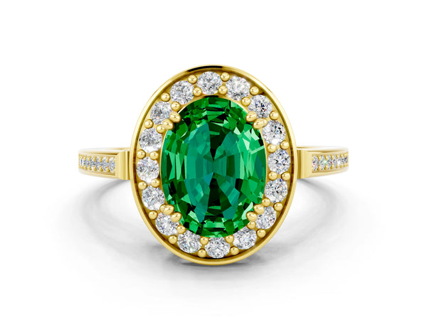 Yellow gold Oval Cut Emerald Halo Ring with Split Shank and Four-Prong Setting
