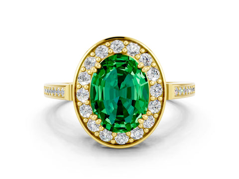 Yellow gold {shape_name} Emerald Halo Ring with Split Shank and Four-Prong Setting