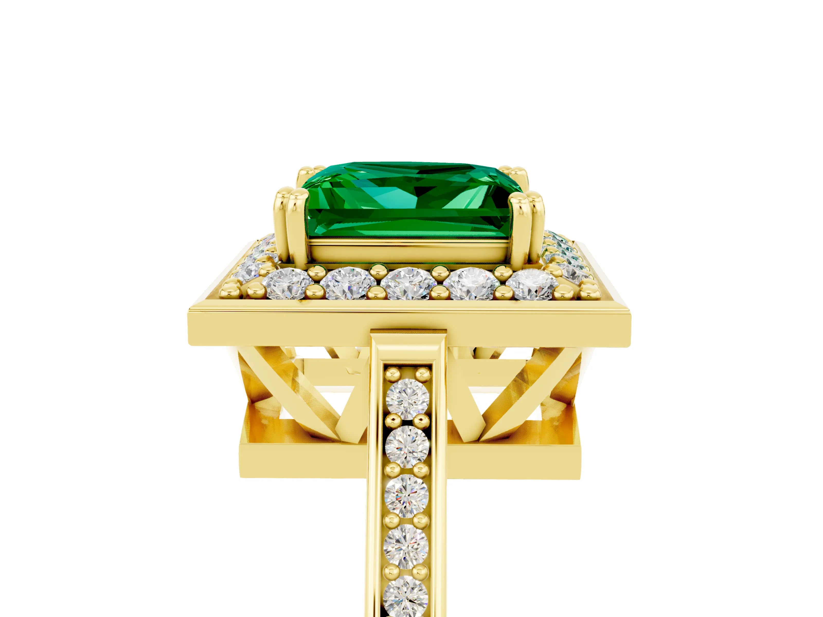 Yellow gold {shape_name} Emerald Halo Ring with Split Shank and Four-Prong Setting_5