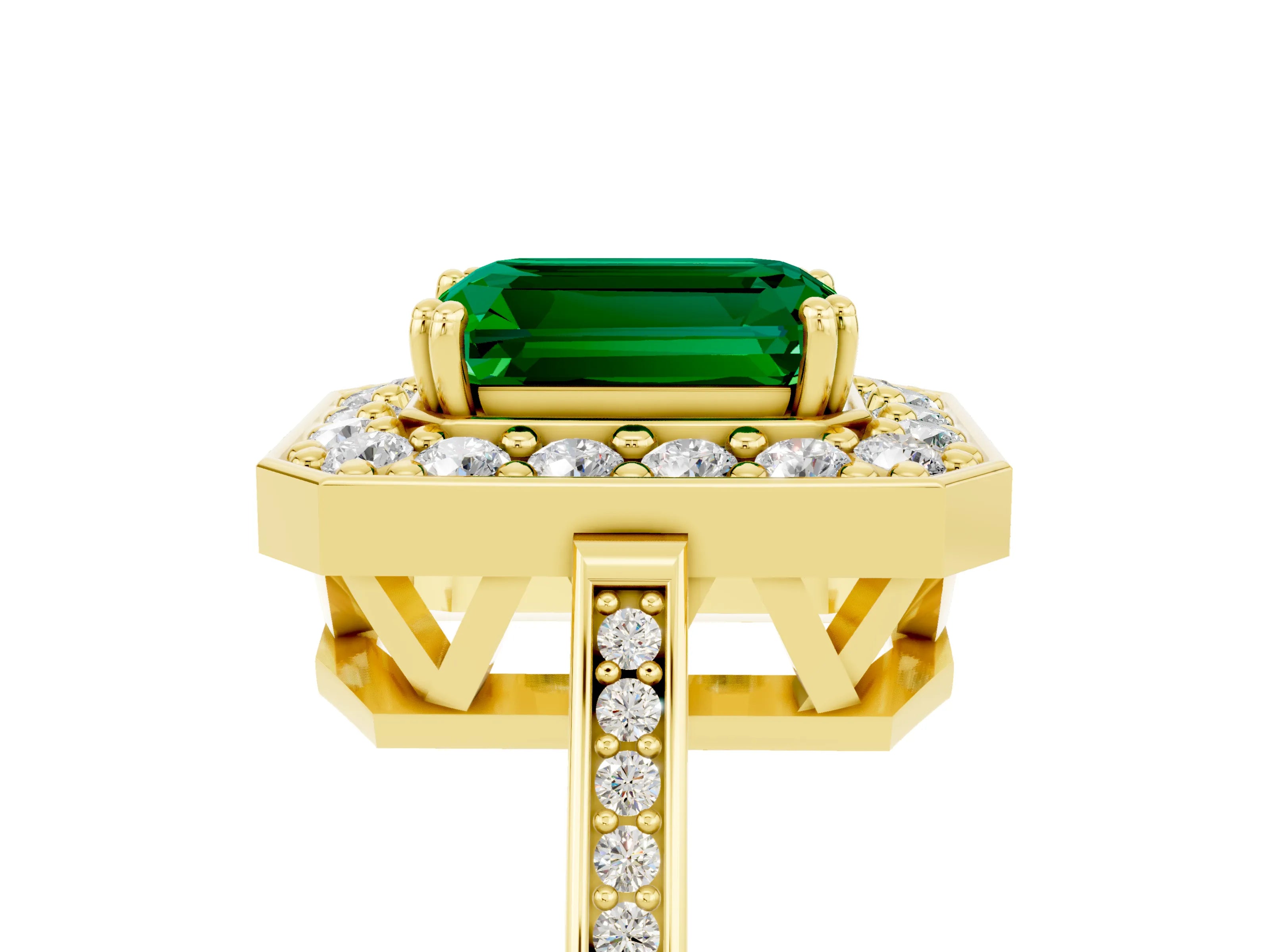 Yellow gold {shape_name} Emerald Halo Ring with Split Shank and Four-Prong Setting_5