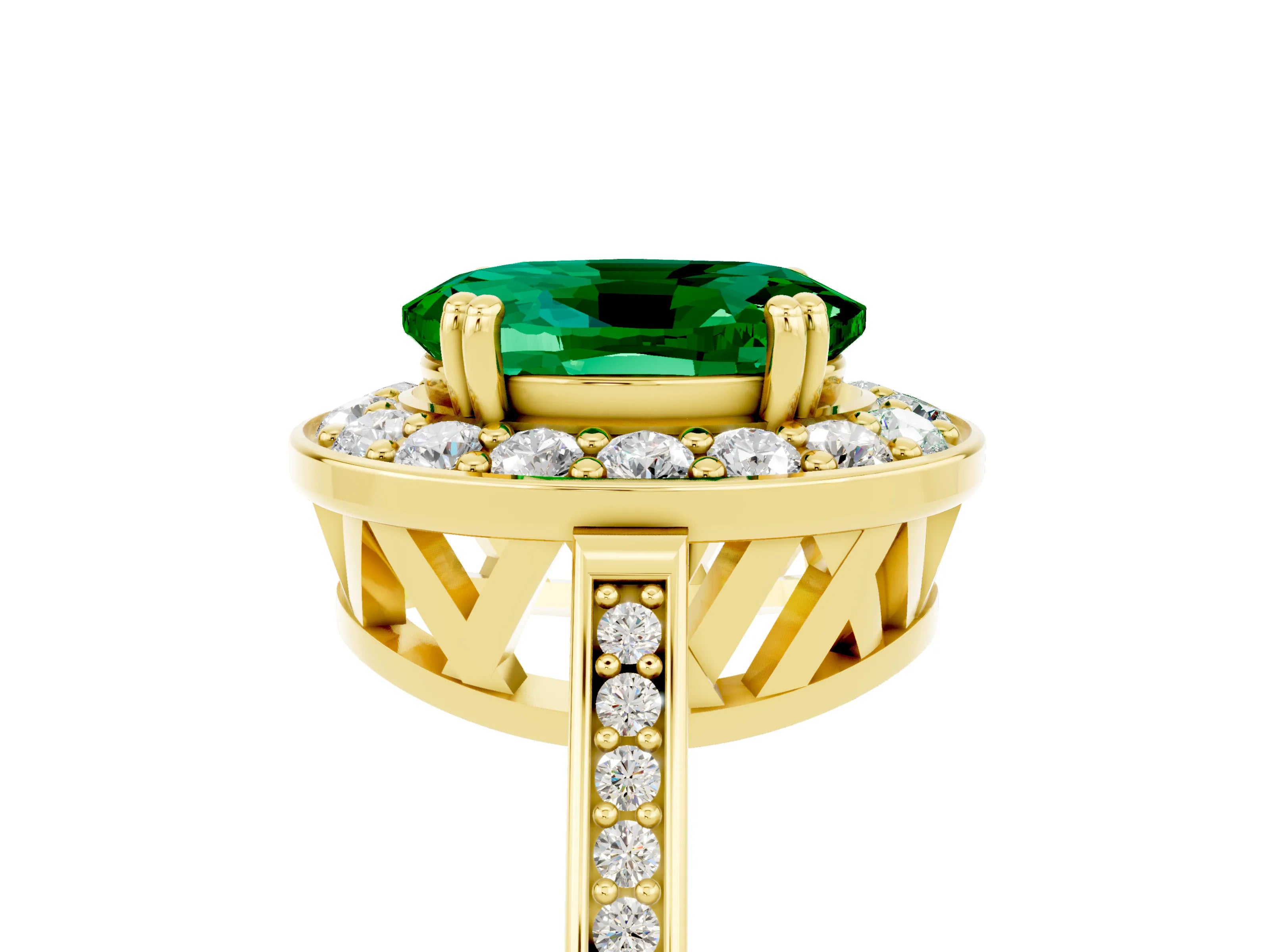 Yellow gold {shape_name} Emerald Halo Ring with Split Shank and Four-Prong Setting_5