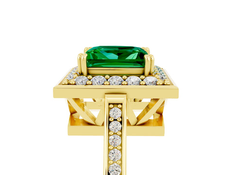 Yellow gold {shape_name} Emerald Halo Ring with Split Shank and Four-Prong Setting_5