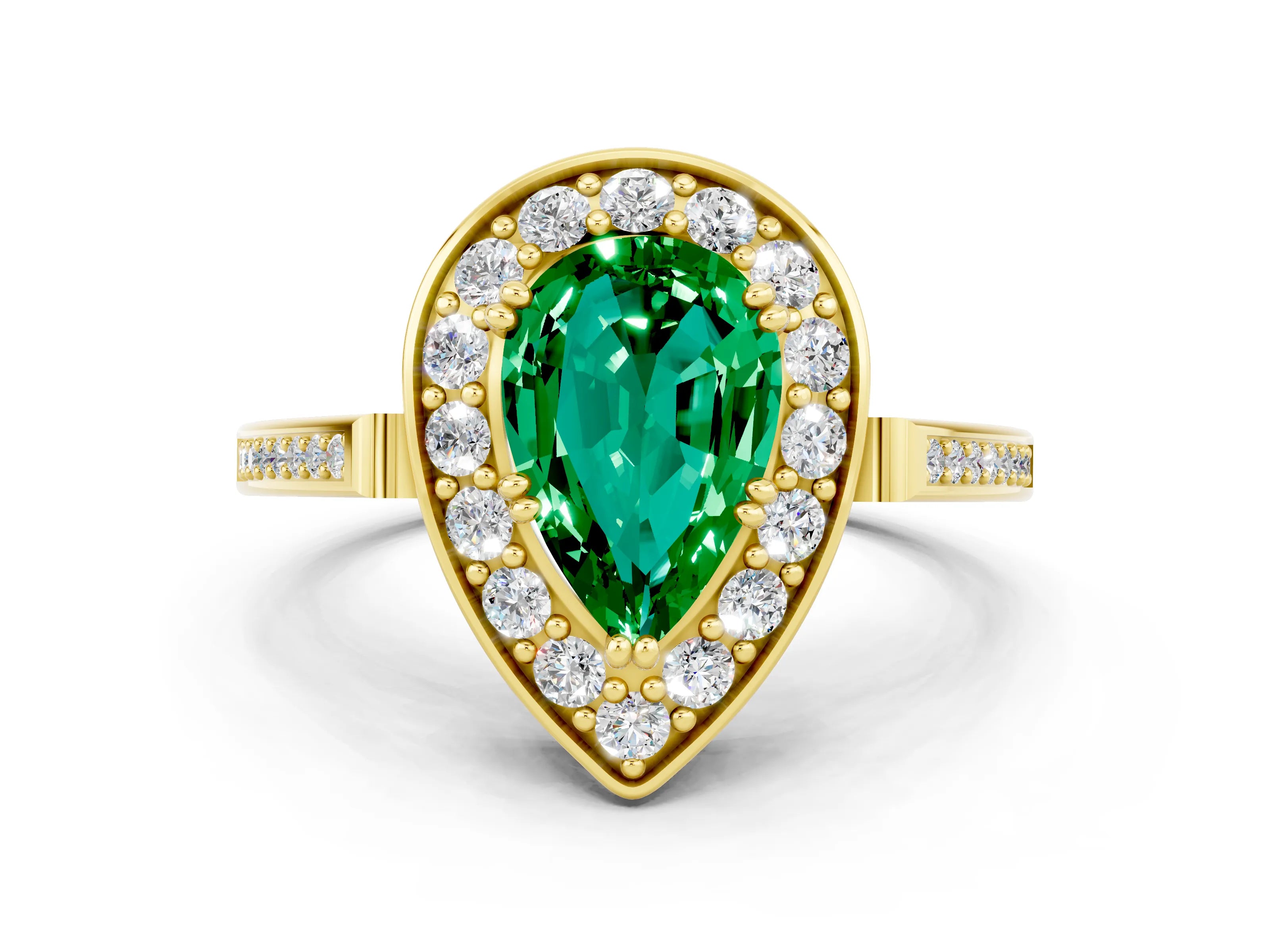 Yellow gold {shape_name} Emerald Halo Ring with Split Shank and Four-Prong Setting