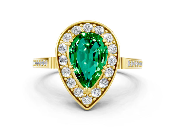 Yellow gold Pear Cut Emerald Halo Ring with Split Shank and Four-Prong Setting