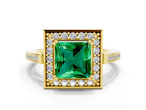 Yellow gold {shape_name} Emerald Halo Ring with Split Shank and Four-Prong Setting